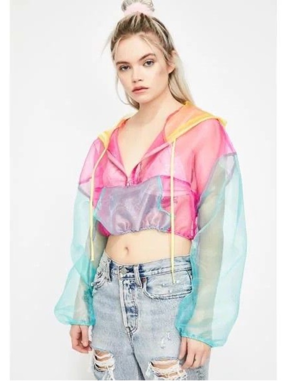 Sheer Multicolored Iridescent Organza Cropped Hoodie - Pink, teal and yellow